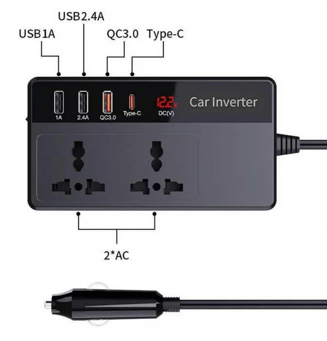 POWERTECH inverter αυτοκινήτου PTL-023, 200W, 12V DC σε 220V AC, με USB-C/3x USB - Image 4