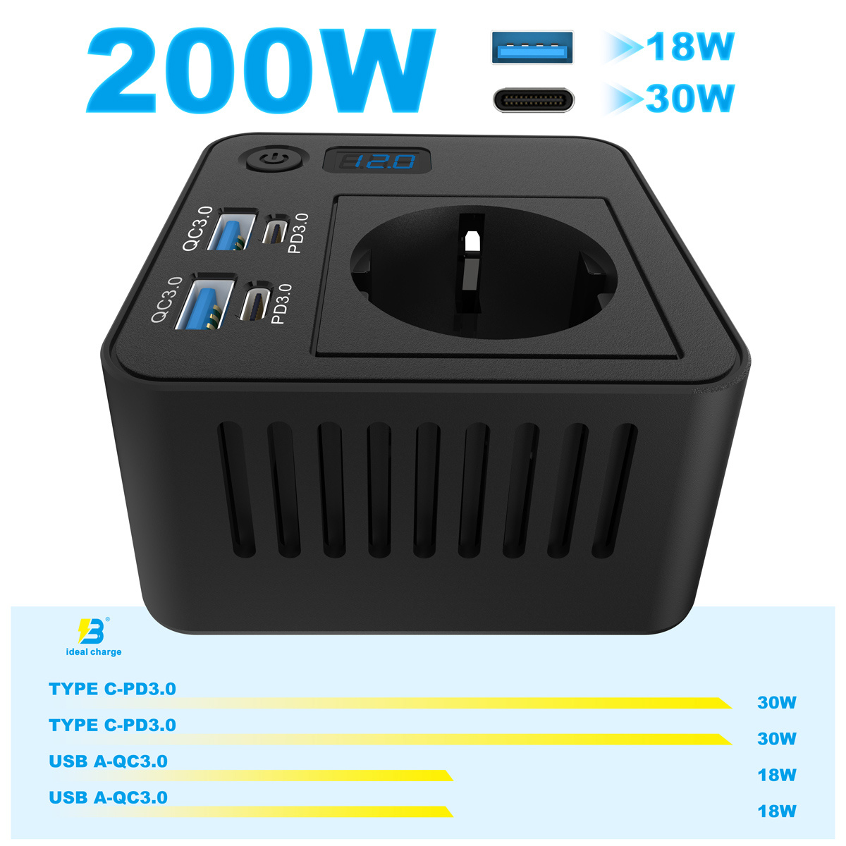 POWERTECH inverter αυτοκινήτου PTL-028, 200W, 12V/24V DC σε 110V/220V AC, με 2x USB-C/2x USB - Image 4