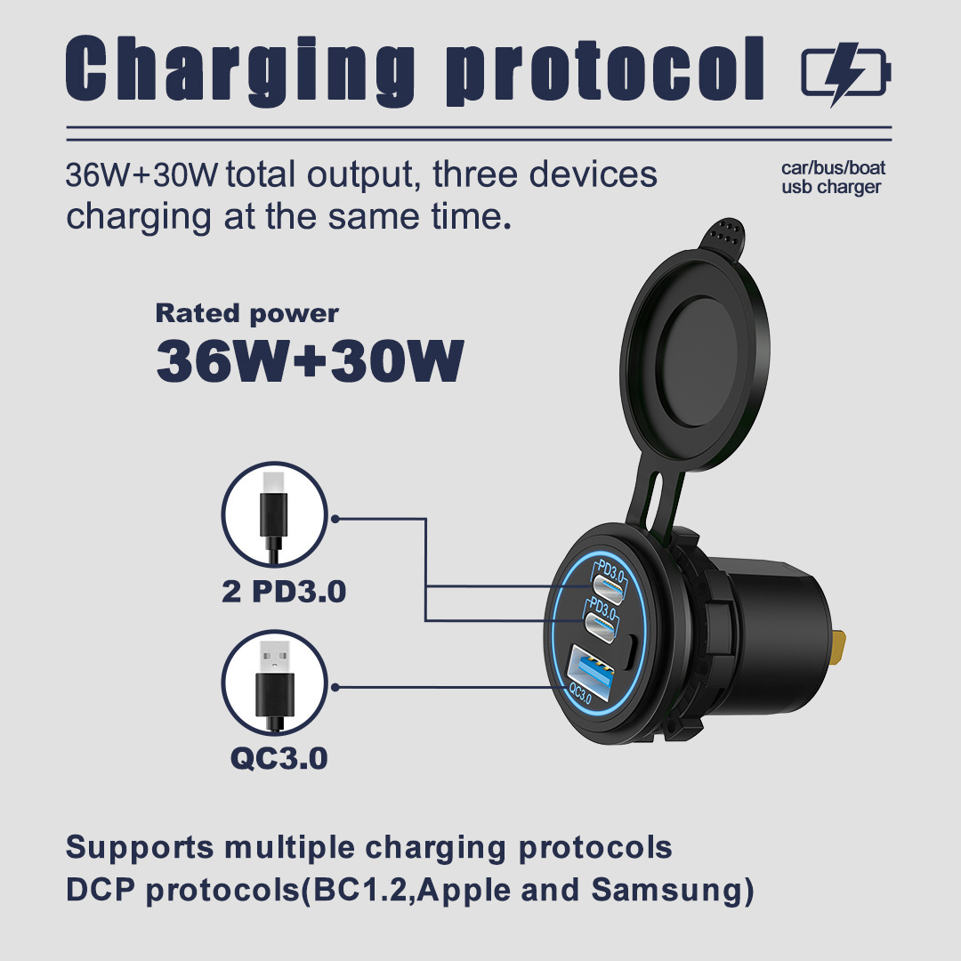 POWERTECH πρίζα USB για σκάφη & οχήματα PTL-030, USB & 2x USB-C, 36W, IP65 - Image 3