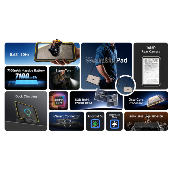 Alternative view of ULEFONE tablet RugKing Pad Pro, 8.68", 8/128GB, 7100mAh, IP68/IP69K/MIL-STD-810H, 4G, μαύρο
