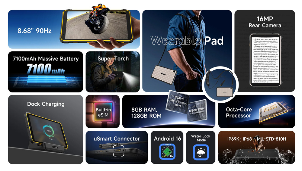 ULEFONE tablet RugKing Pad Pro, 8.68", 8/128GB, 7100mAh, IP68/IP69K/MIL-STD-810H, 4G, μαύρο - Image 2