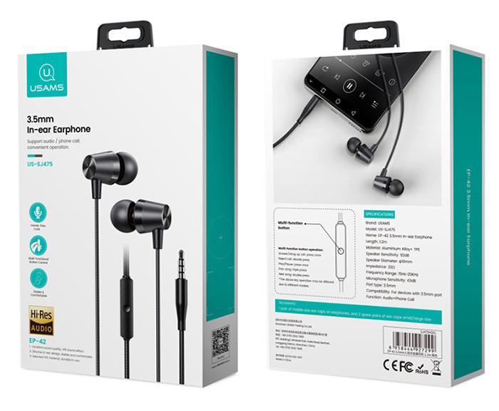 USAMS earphones με μικρόφωνο EP-42, 3.5mm σύνδεση, Φ10mm, 1.2m, μαύρα - Image 4