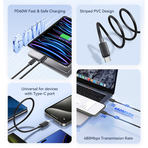 Alternative view of USAMS καλώδιο USB-C σε USB-C US-SJ691, 60W, 480Mbps, 1m, μαύρο