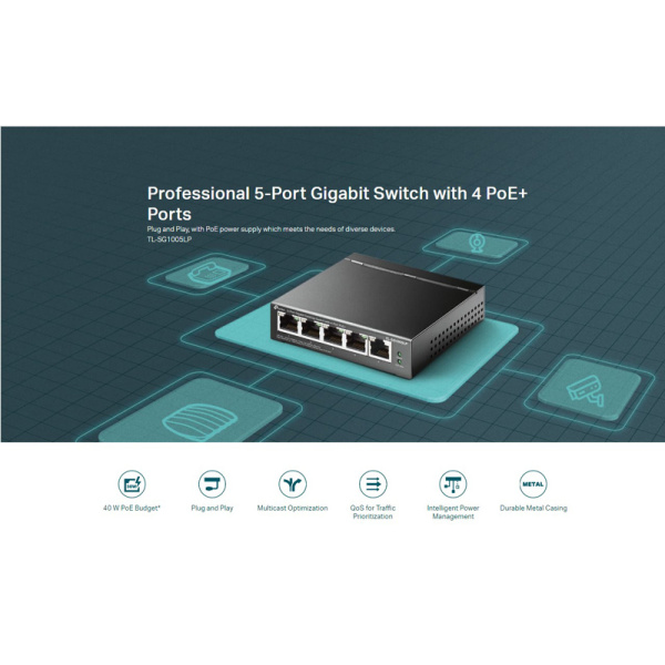 Alternative view of TP-LINK desktop switch TL-SG1005LP, 5-Port Gigabit, 4x PoE+, V4.0