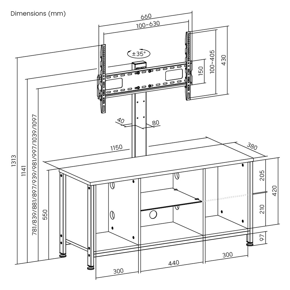 BRATECK έπιπλο τηλεόρασης με βάση WP2006ST-BR, 37-75", 115x38x131.3cm, καφέ - Image 4